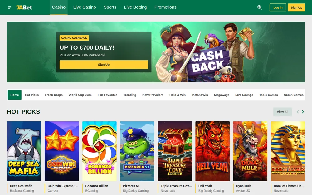7abet casino lobby with the Hot Picks shelf and cashback banner