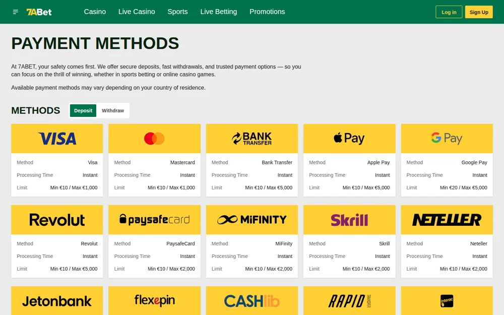 7abet payment methods page with per-method limits