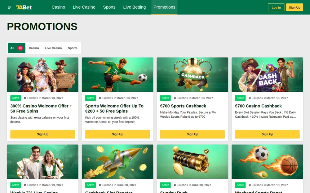 7abet promotions page with the cashback suite