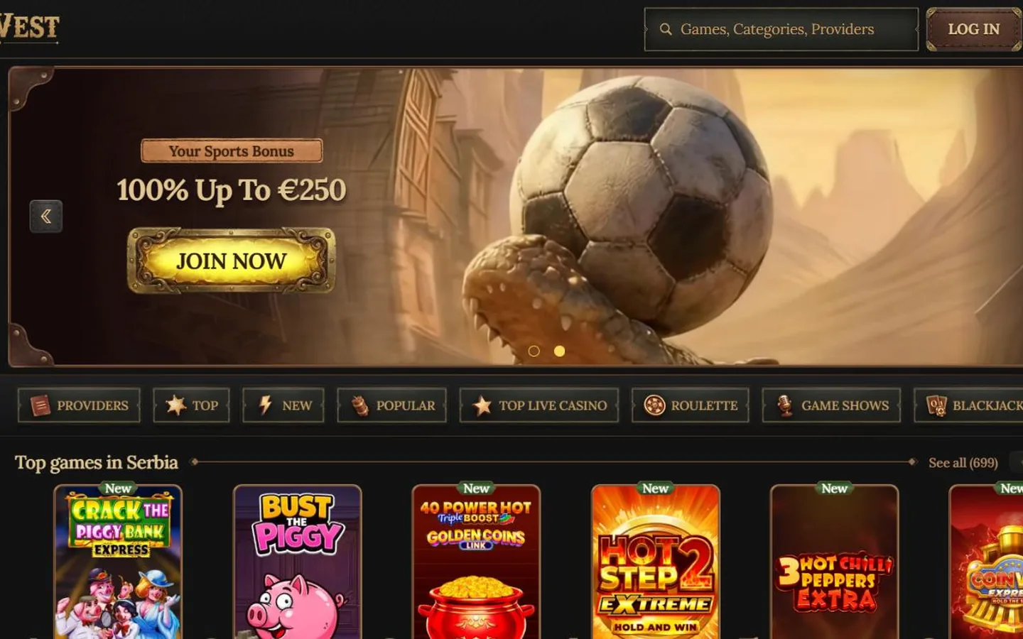 BetWest Casino homepage and live game lobby