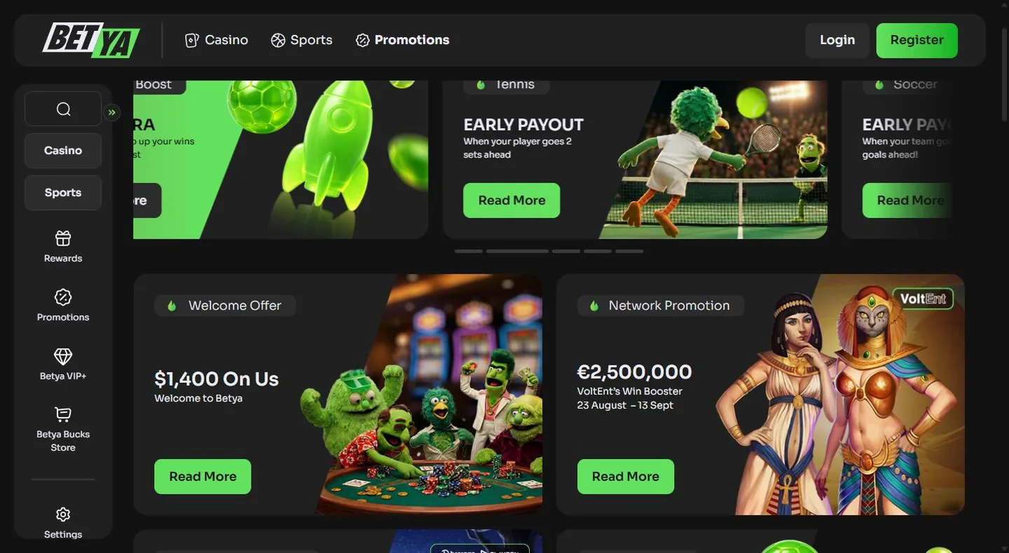 Betya promotions page showing the welcome offer and sports promos