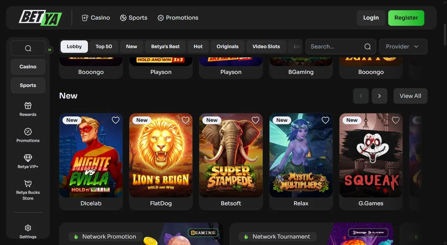 Betya slots lobby showing current titles and provider names
