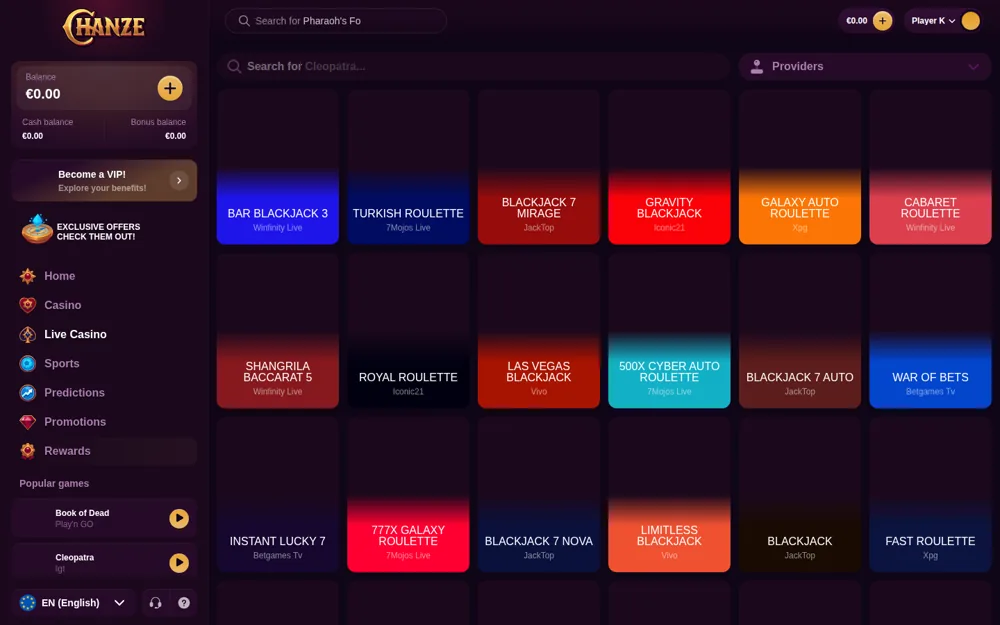 Chanze live casino with roulette and blackjack tables from 7Mojos and Winfinity