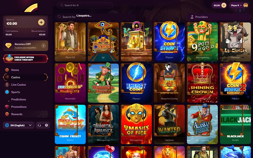 Chanze casino lobby with popular slots including Book of Dead and Cleopatra