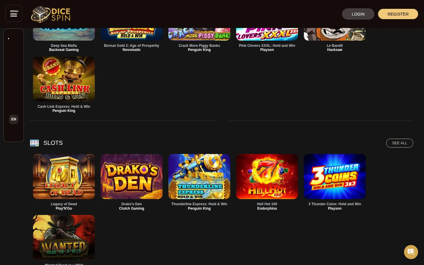 DiceSpin slot shelves with current releases from Play'n GO, Hacksaw and Playson