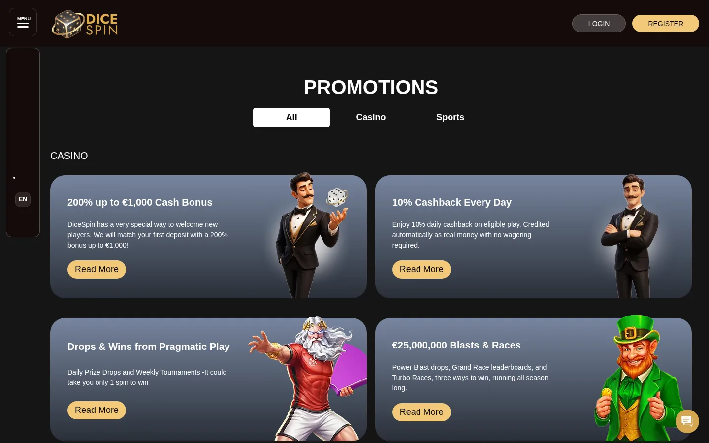 The DiceSpin promotions page with the welcome offer and daily cashback