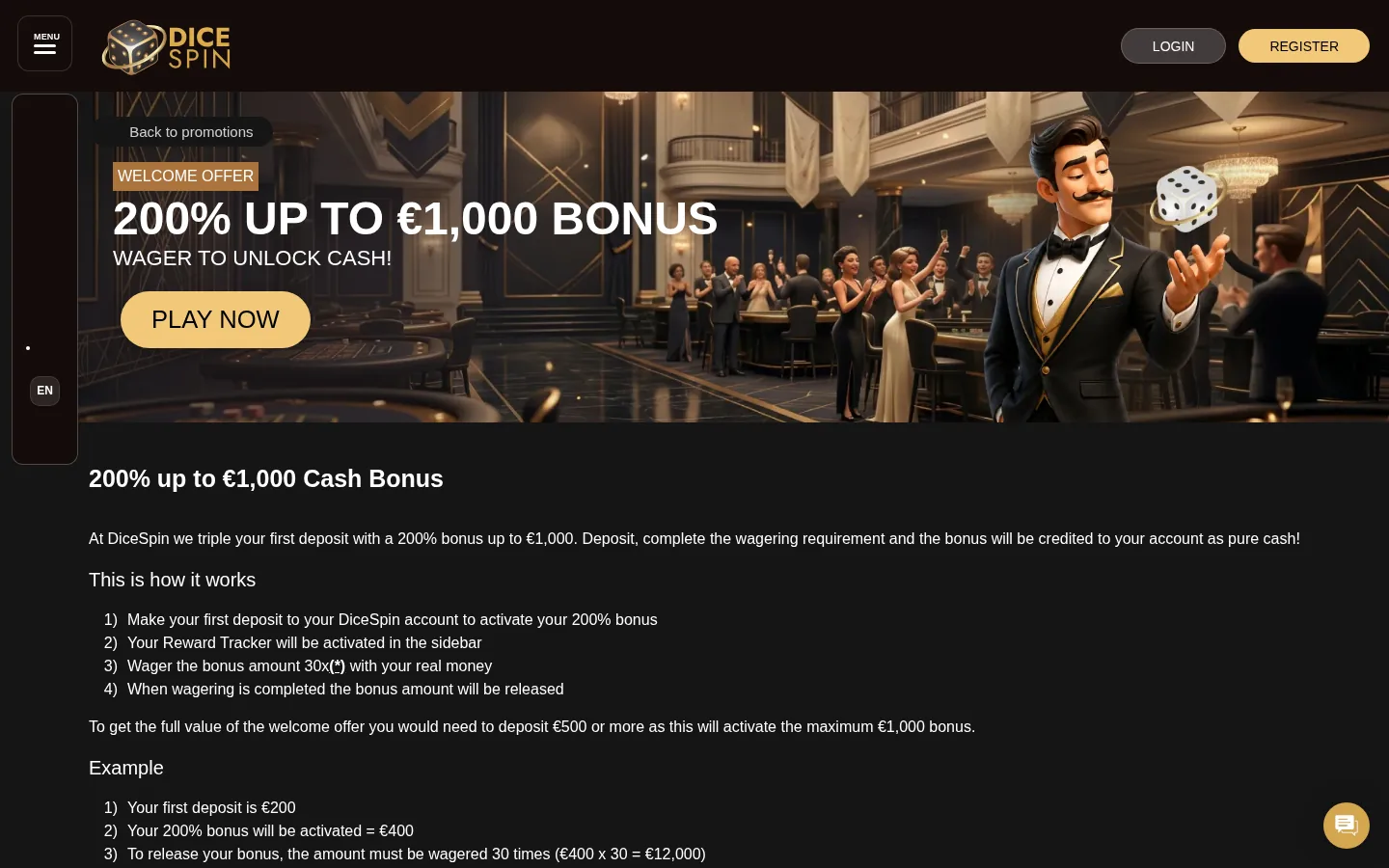 The DiceSpin welcome offer page explaining the wager-to-unlock mechanic
