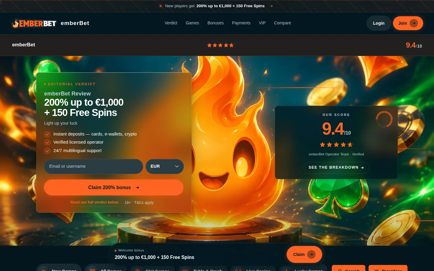 The emberbet.net affiliate front presenting an operator-written review with a 9.4 out of 10 score