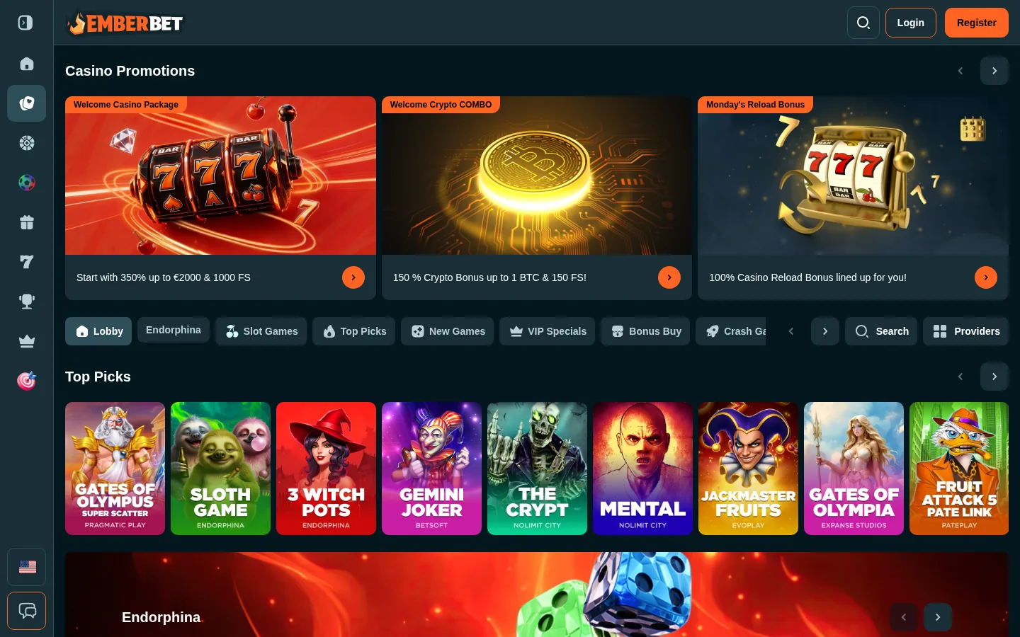 The EmberBet casino lobby with provider filters and current slot releases