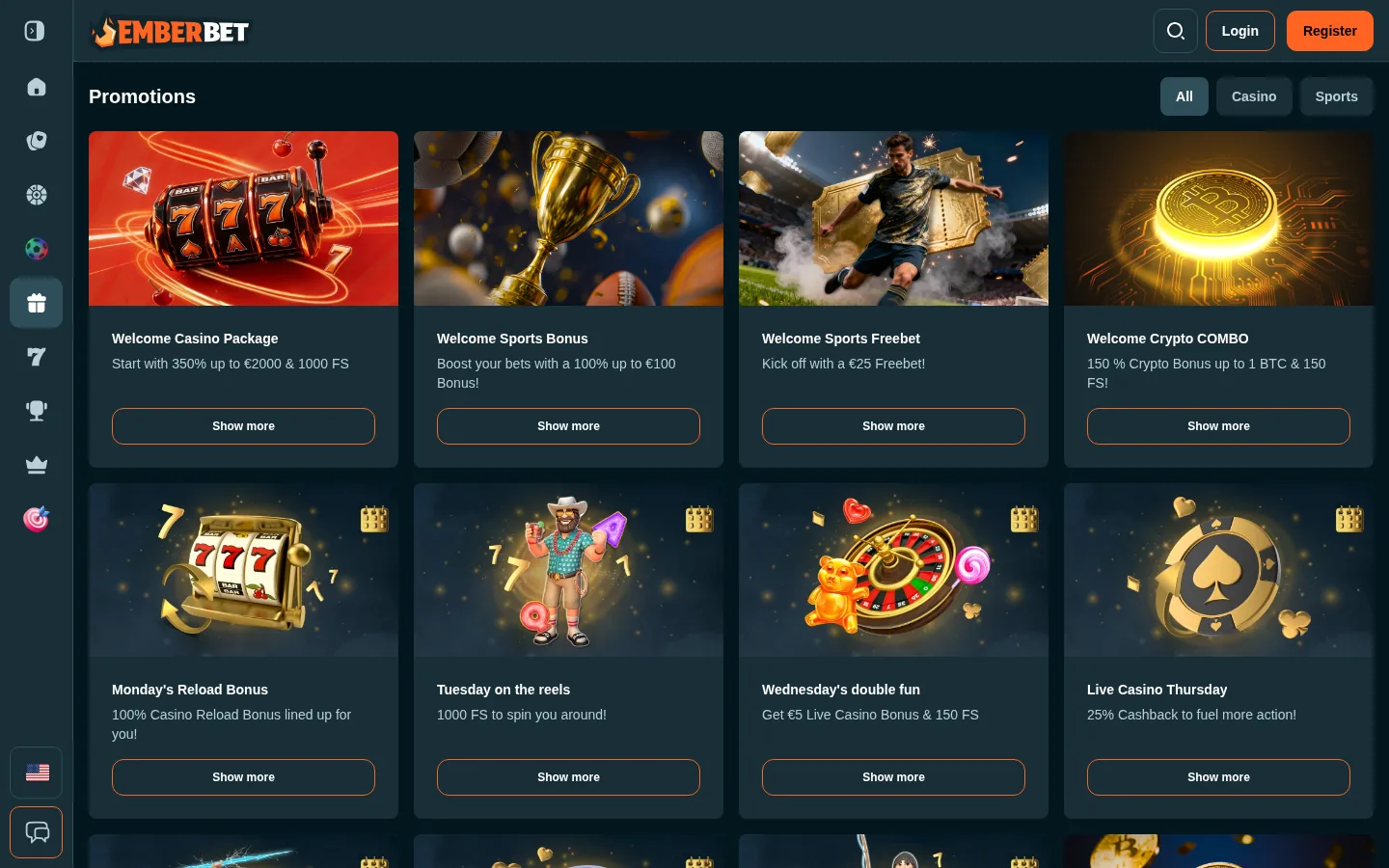 The EmberBet promotions page with a named offer for every day of the week