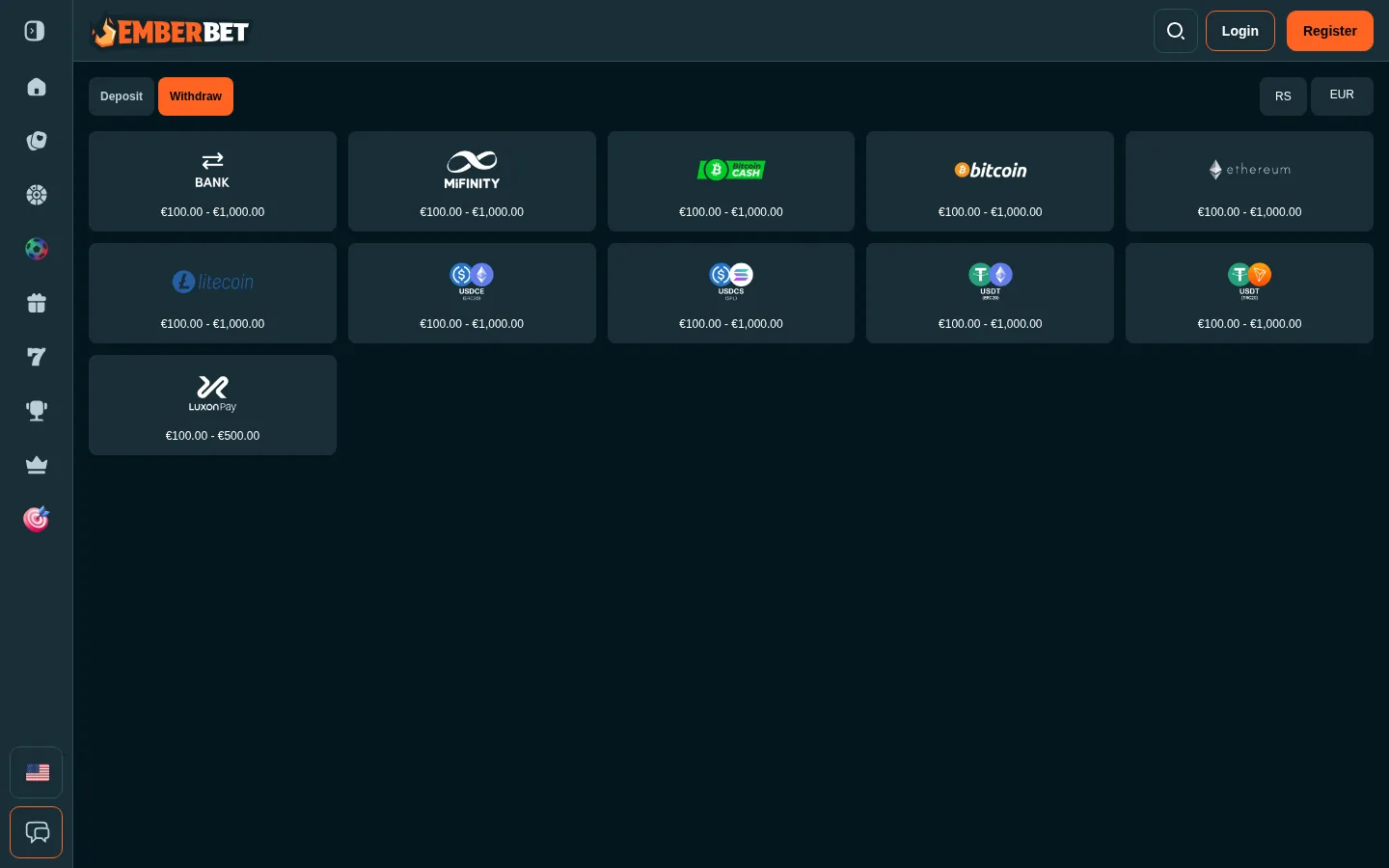 The EmberBet withdrawal screen showing every method capped between EUR 100 and EUR 1,000