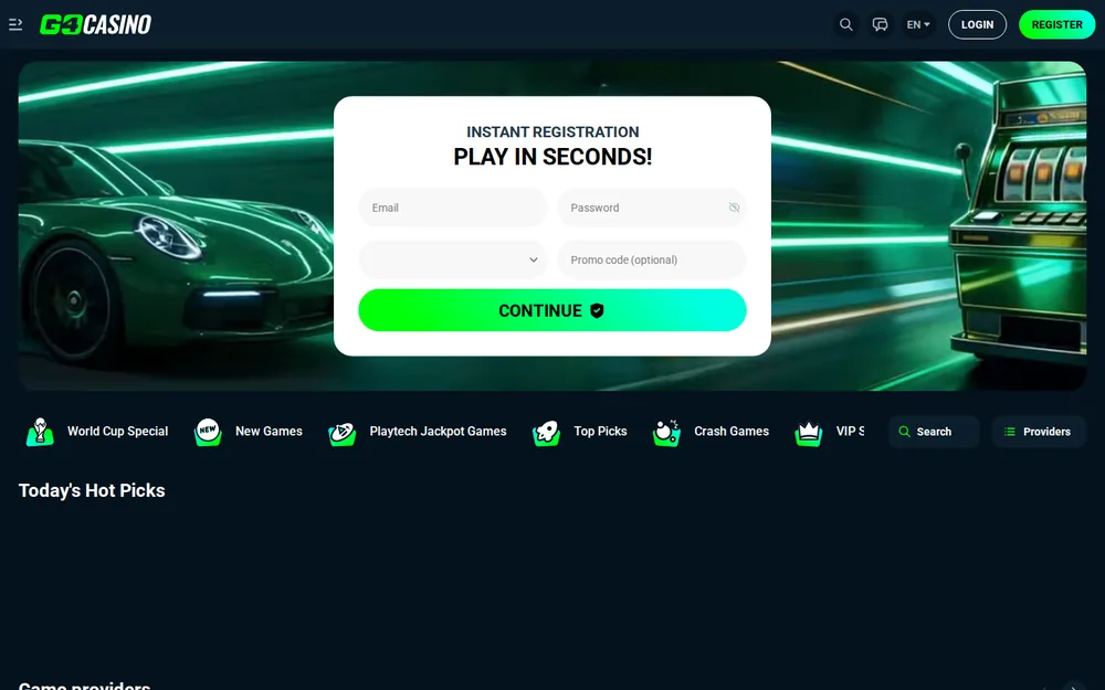Go4Casino homepage with instant registration form and game categories