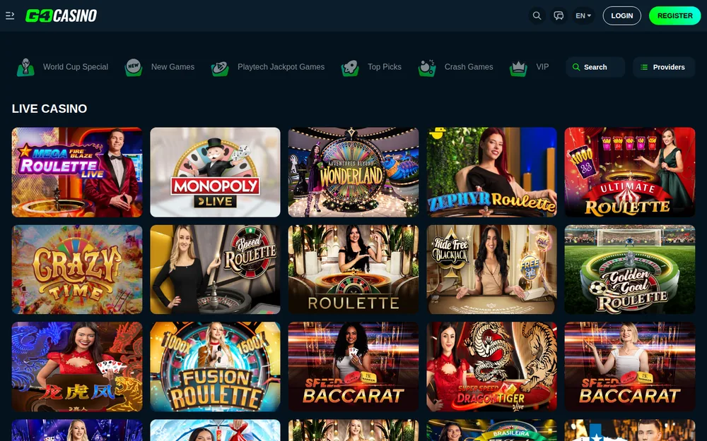 Go4Casino live casino lobby with Crazy Time and Monopoly Live