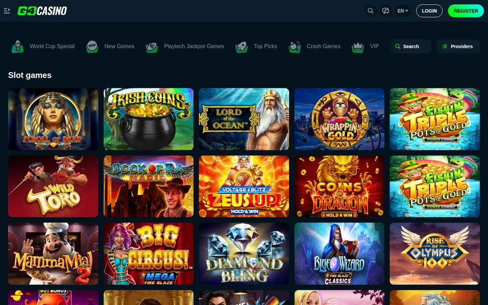 Go4Casino slots lobby with Book of Ra Magic and Rise of Olympus 100