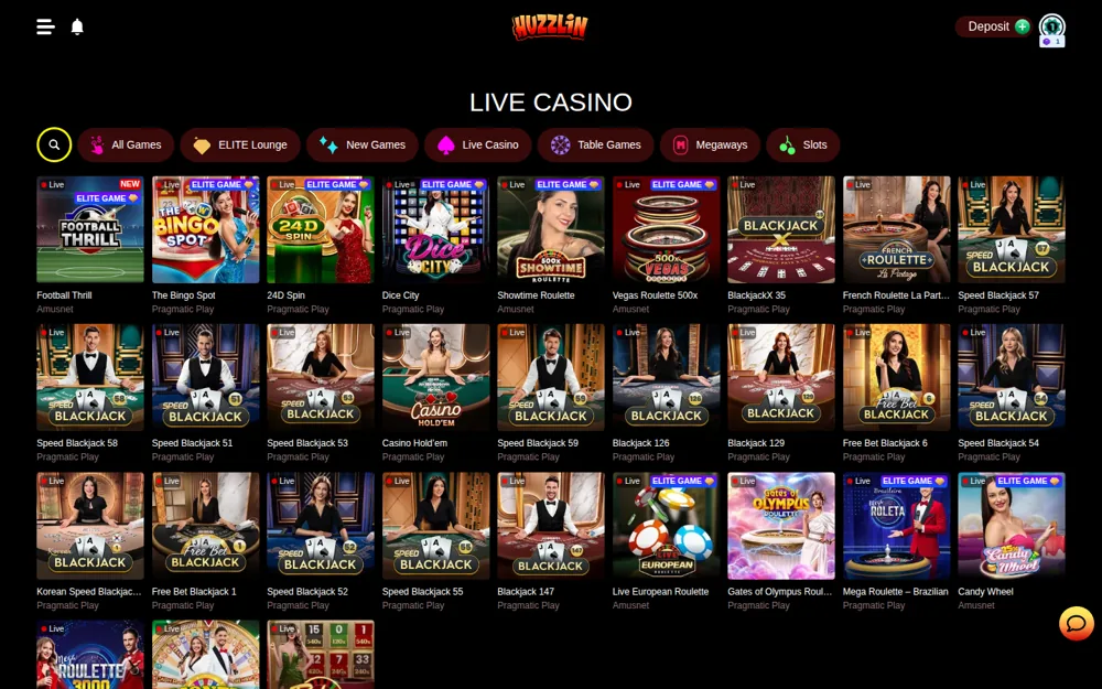 Huzzlin live casino lobby with Pragmatic Play Live tables