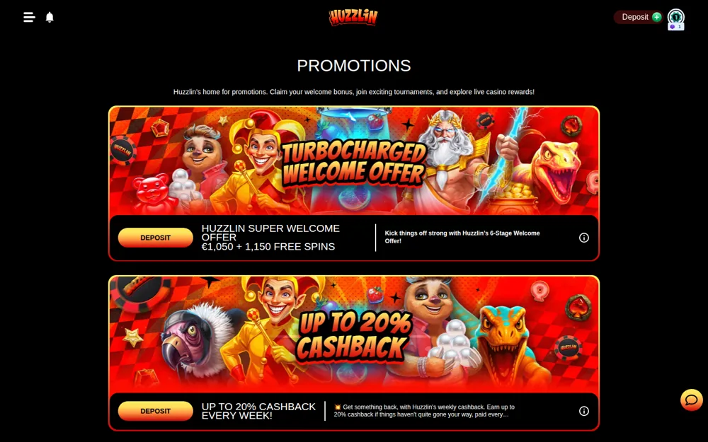 Huzzlin promotions page with the Turbocharged welcome offer and 20% cashback banners