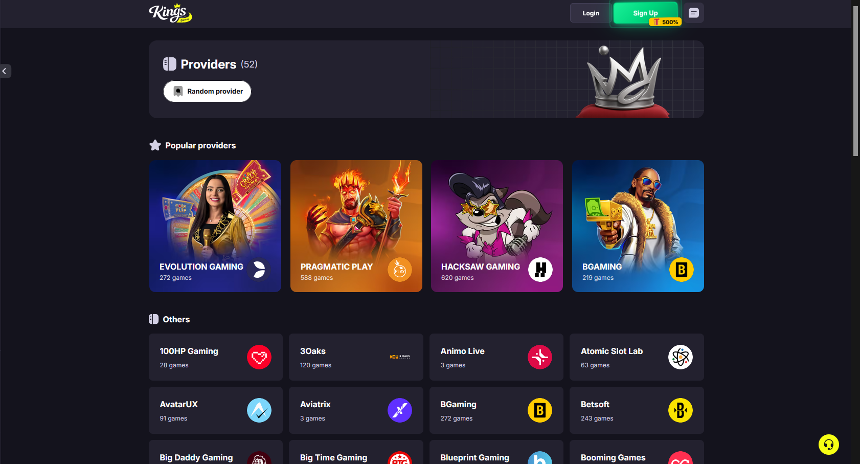 The Kings.Game providers page showing 52 studios with per-provider game counts