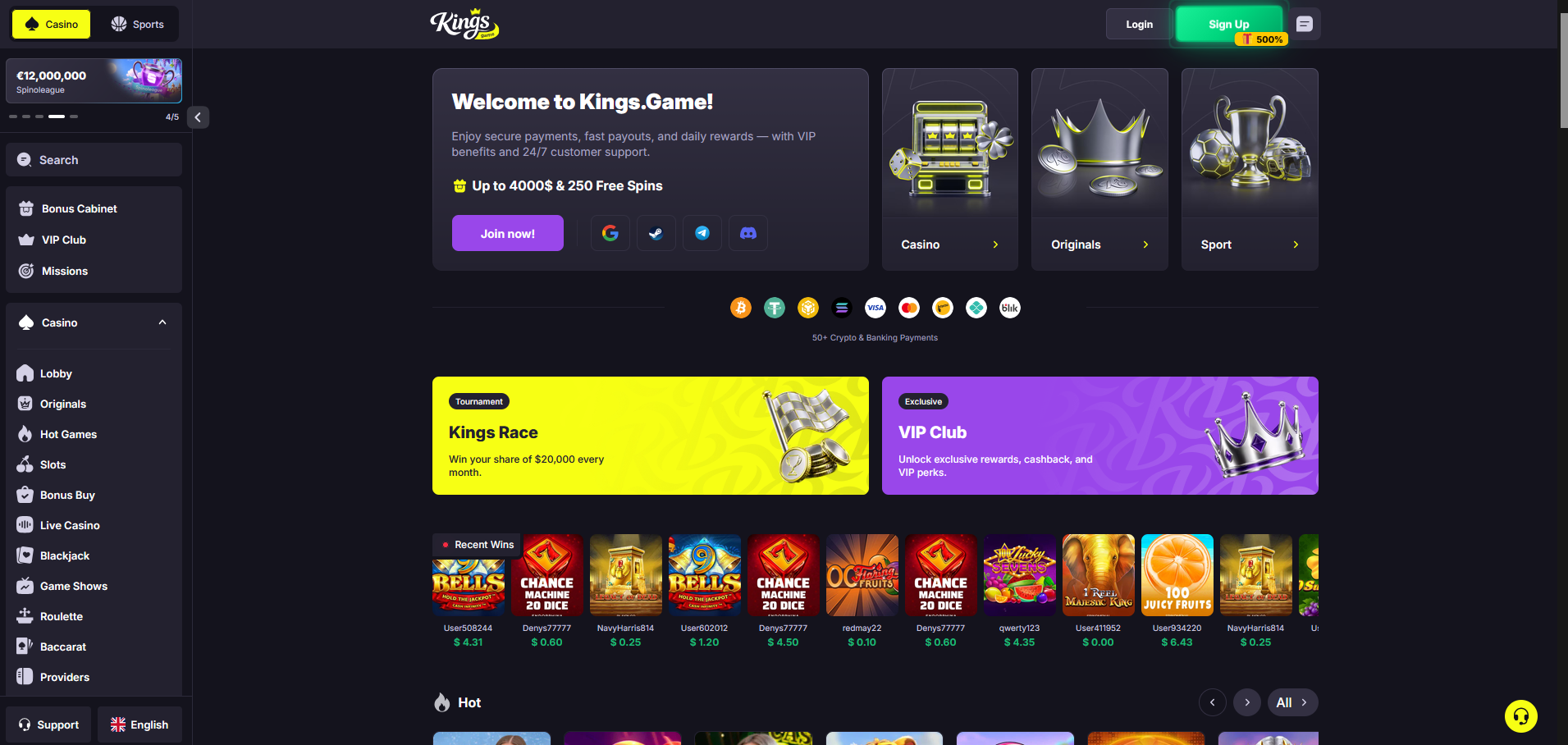 Kings.Game homepage with the welcome offer, crypto and banking payment strip and the Casino, Originals and Sport cards