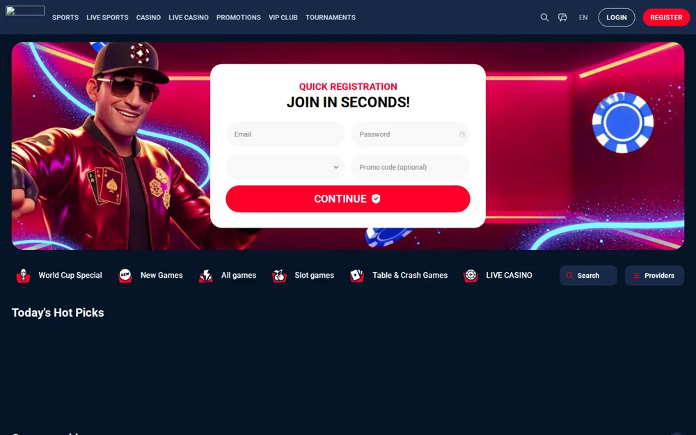 KudosBet homepage with the quick registration hero and category navigation