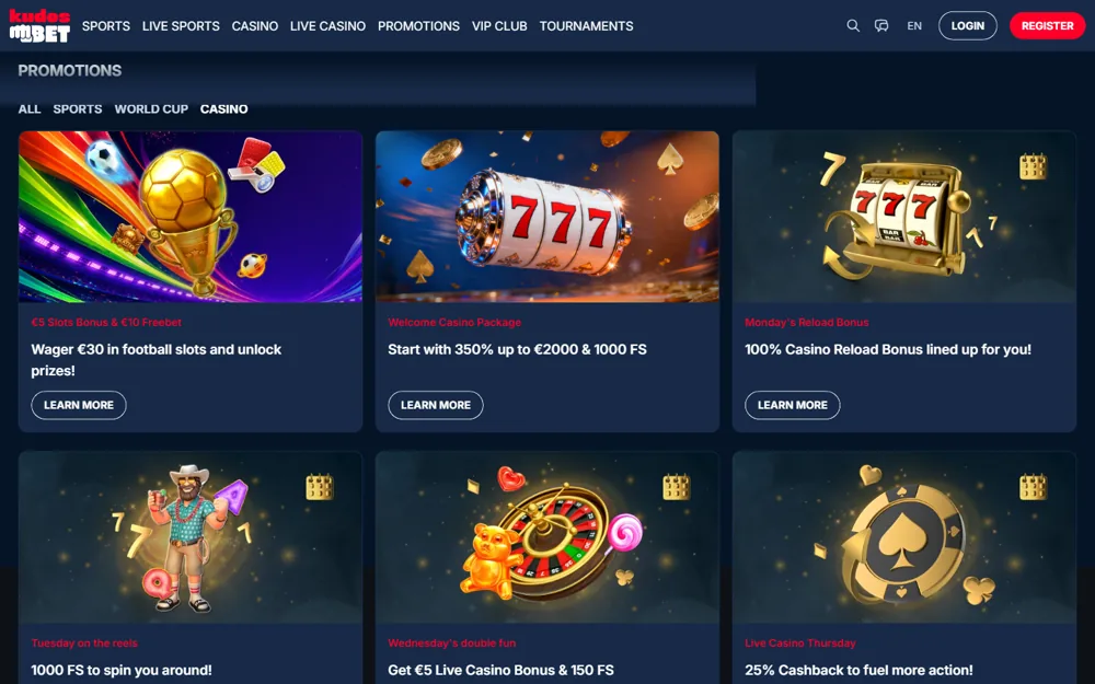 KudosBet promotions page with the welcome package and weekly calendar