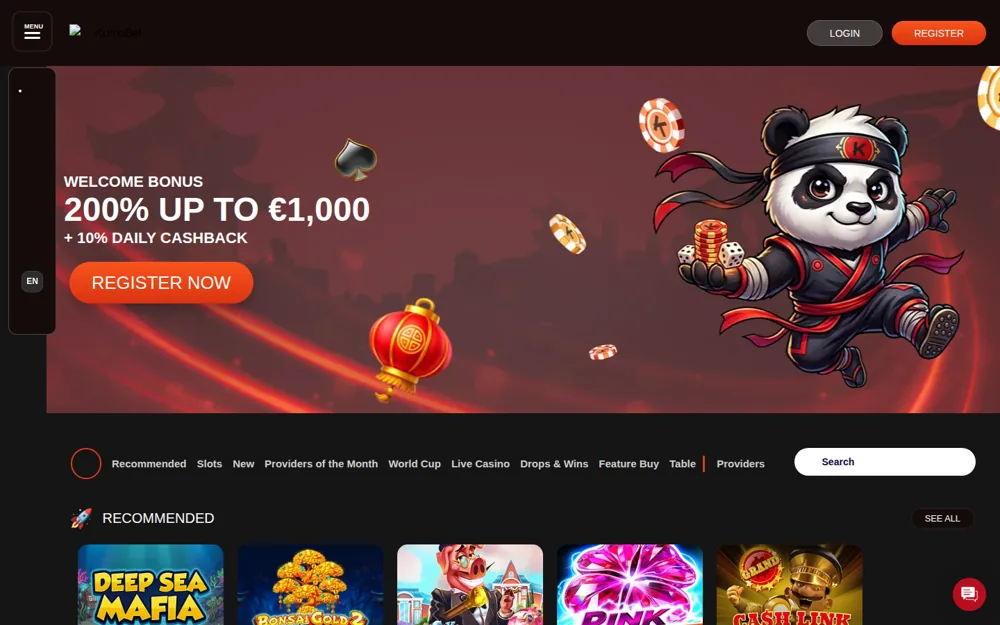 KumoBet casino homepage with the ninja panda mascot and 200% welcome banner