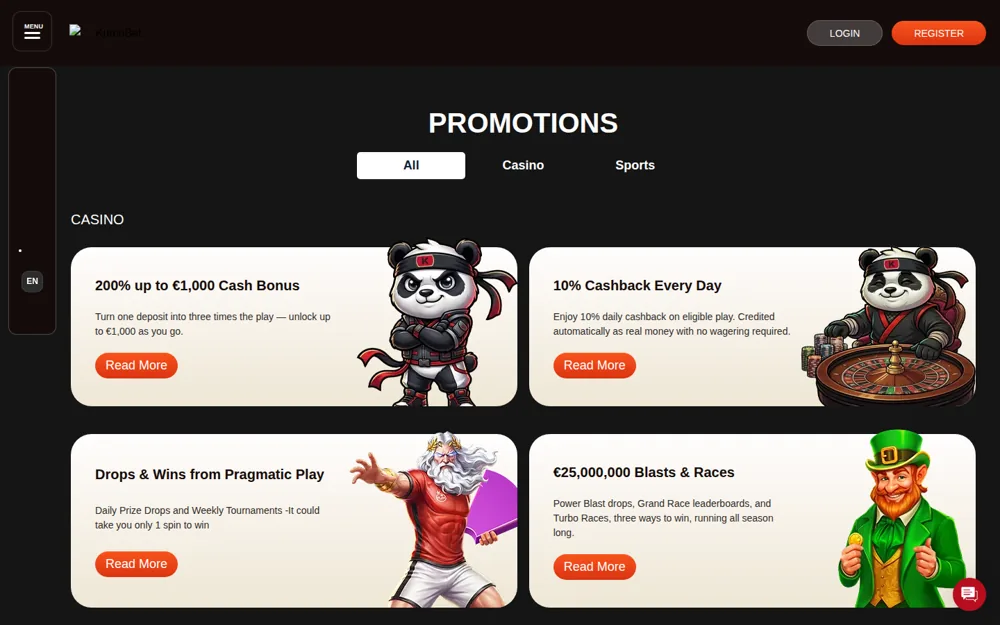 KumoBet promotions page with the welcome bonus and 10% daily cashback cards