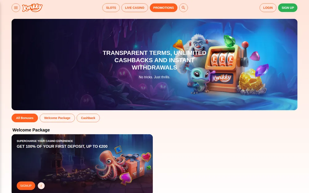 Kwikky Casino promotions page showing the welcome package and cashback offers
