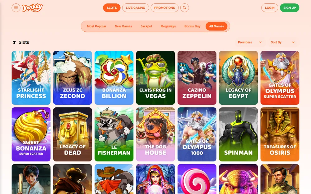 Kwikky Casino slots lobby with Gates of Olympus, Sweet Bonanza and Legacy of Dead