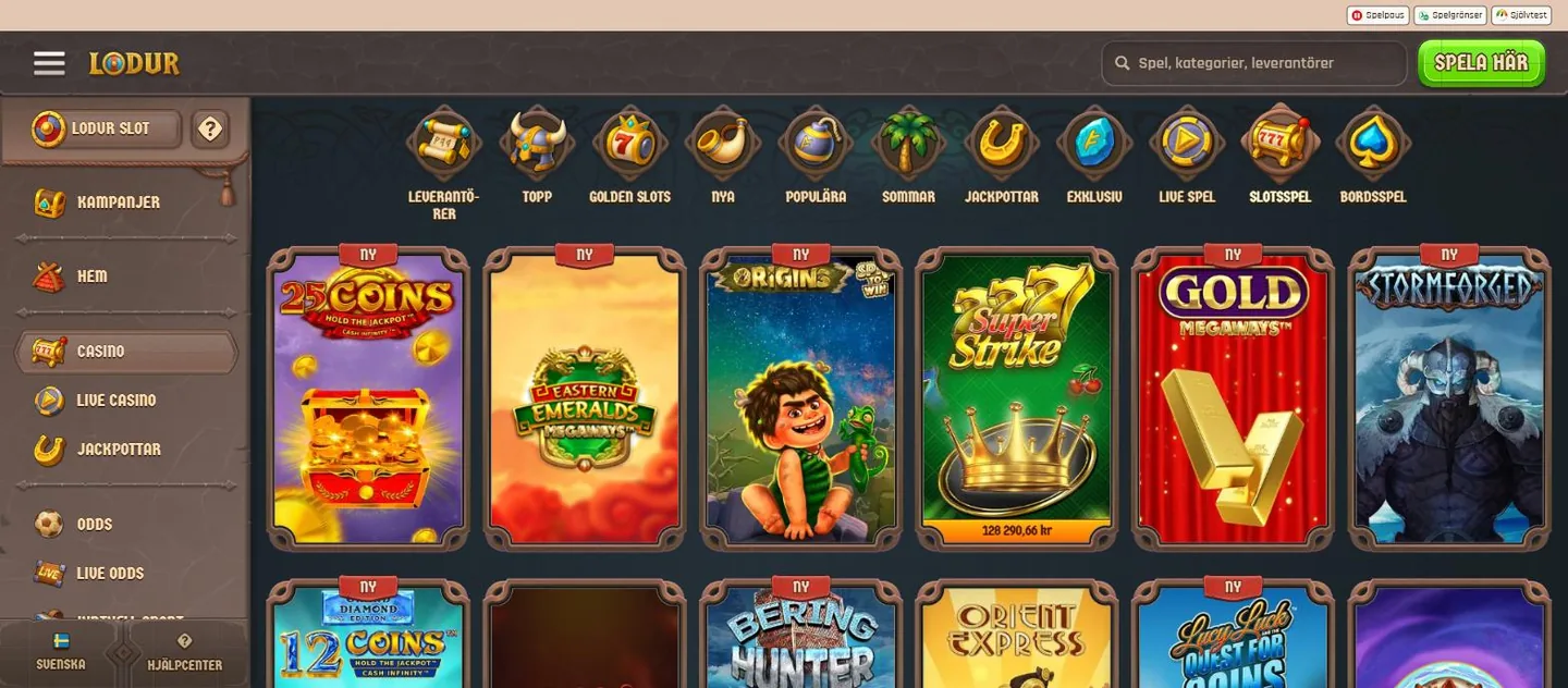 Lodur slots lobby with current titles and category tabs