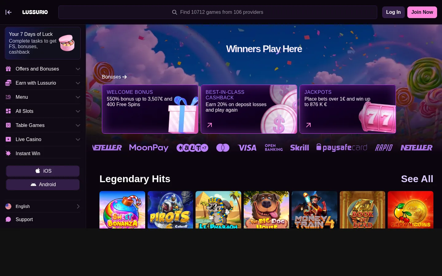Lussurio homepage with the 550% welcome banner, cashback and jackpot offers