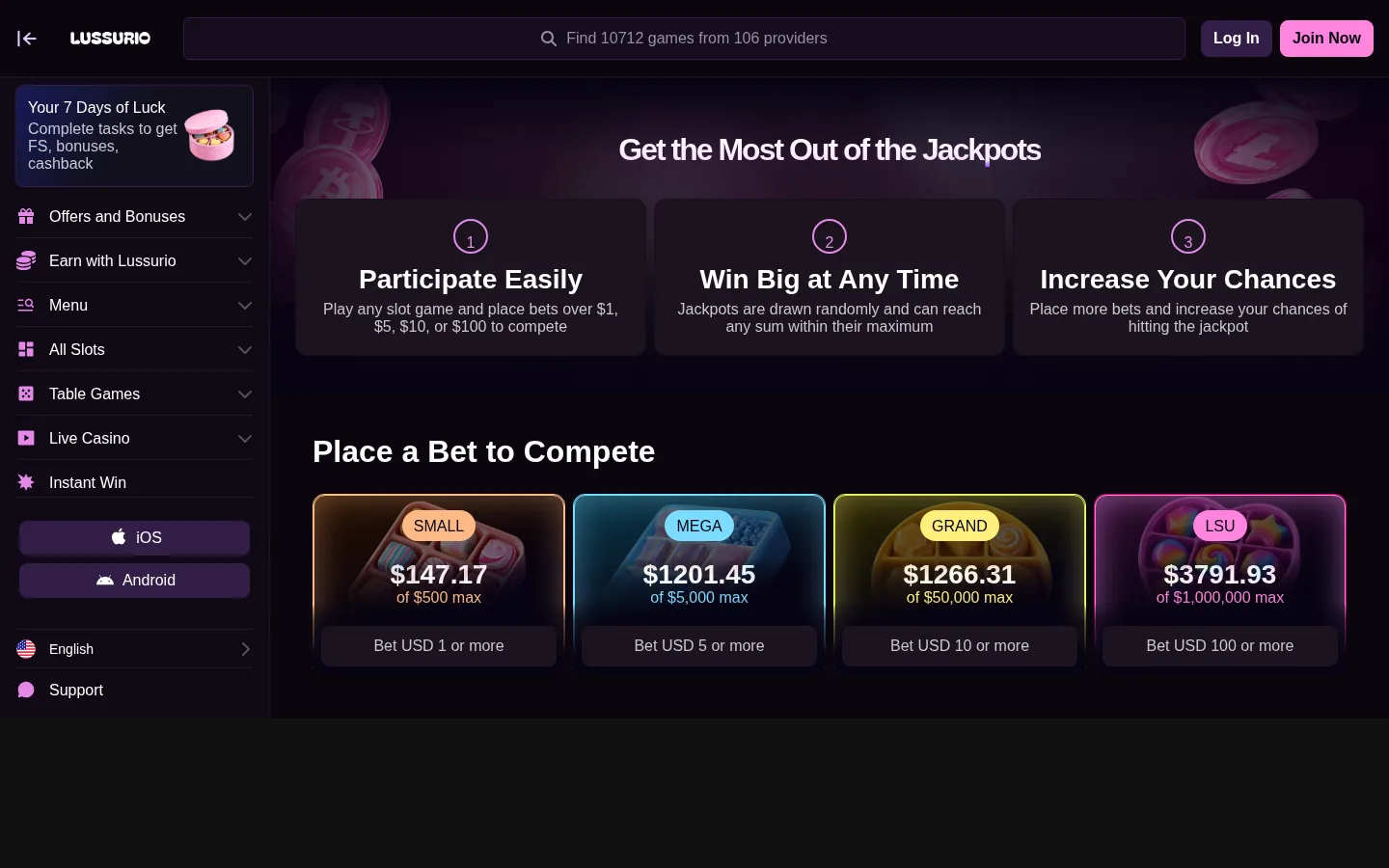 The Lussurio jackpots page showing four bet-gated jackpot tiers