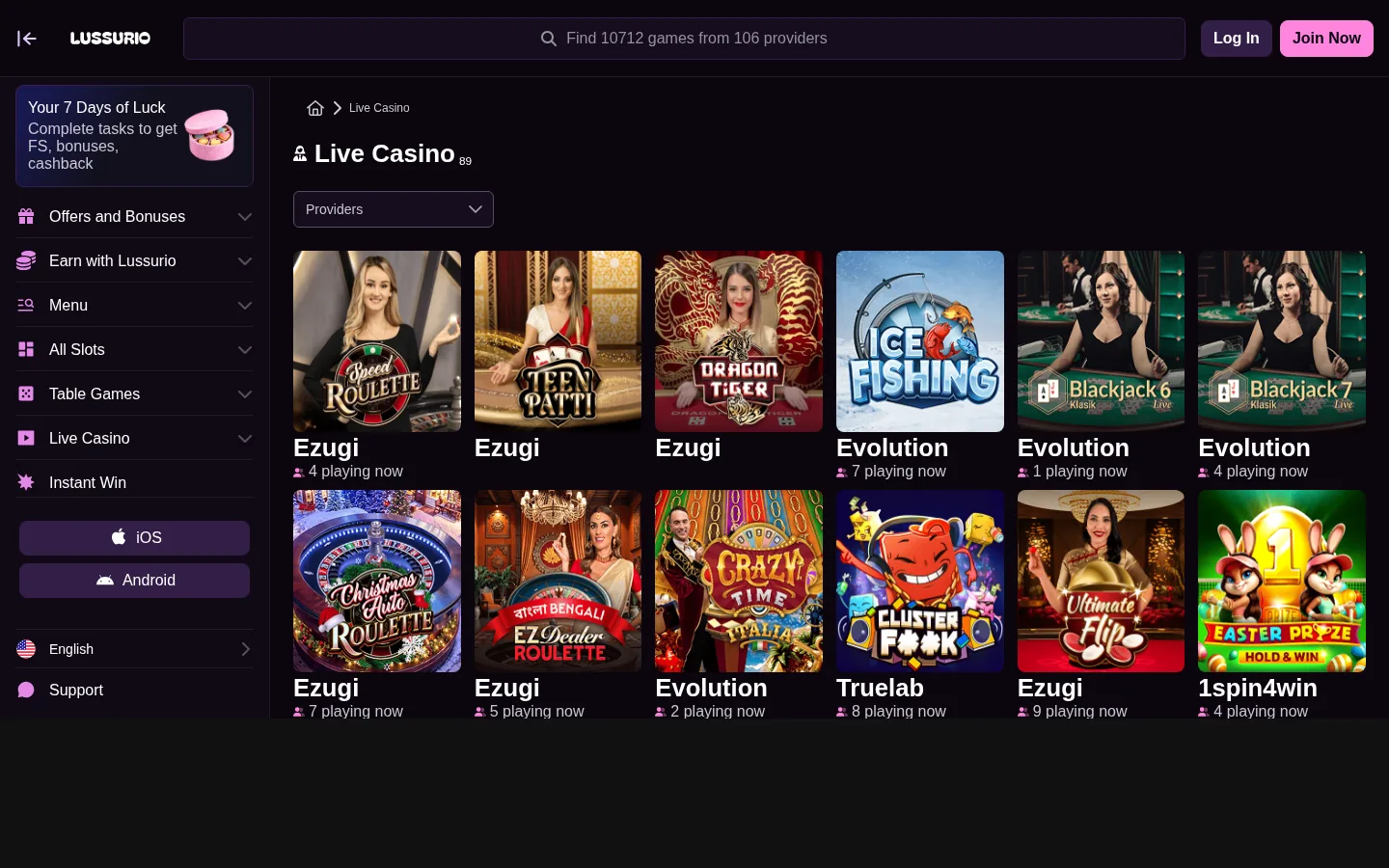 The Lussurio live casino lobby with Evolution and Ezugi tables
