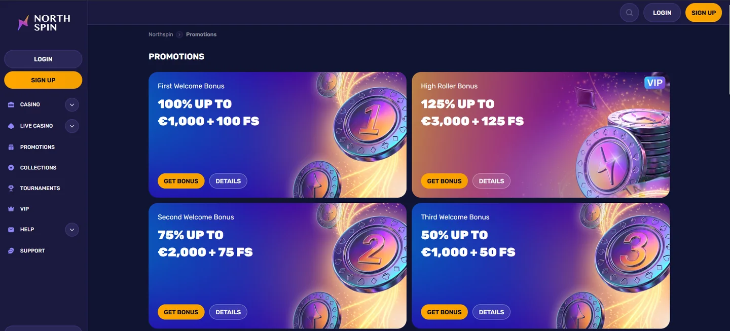 NorthSpin promotions page with the multi part welcome package and High Roller bonus