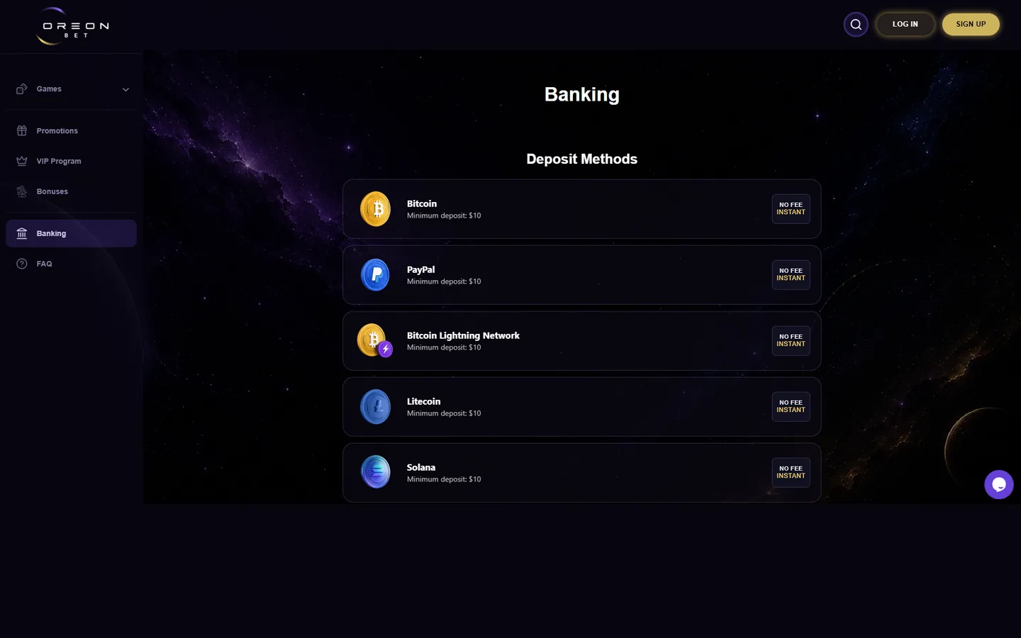 OreonBet banking page showing Bitcoin, PayPal, and Bitcoin Lightning deposit rails