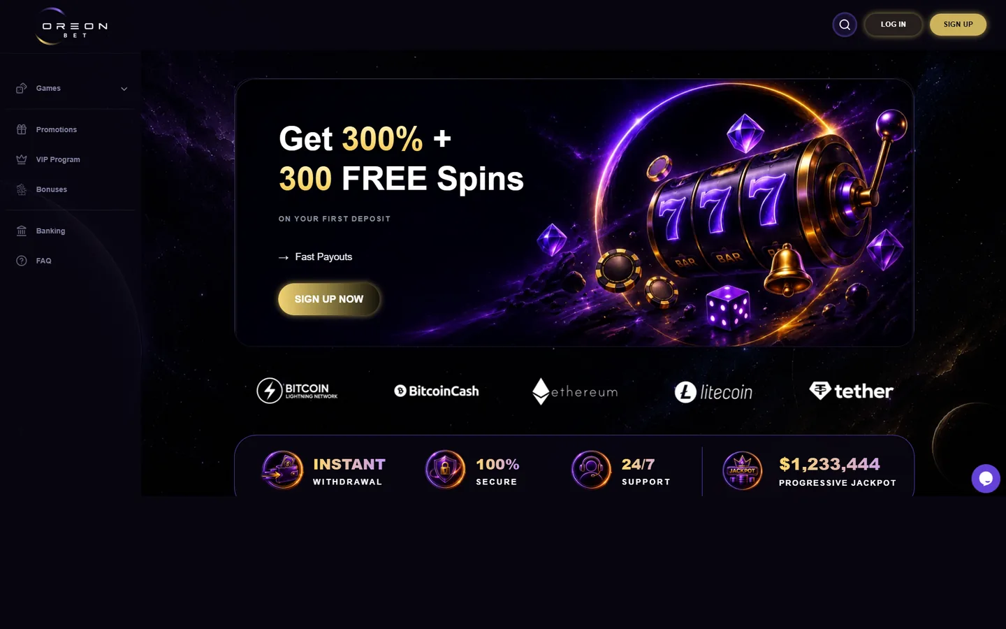 OreonBet homepage showing the 300 percent plus 300 free spins welcome offer