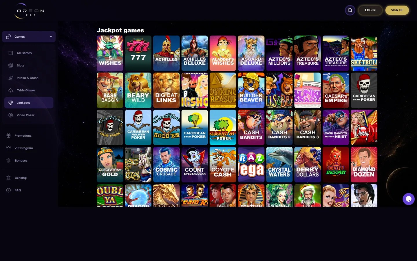 OreonBet jackpot games lobby showing Achilles, Aladdin's Wishes, Aztec's Millions and other RTG jackpot titles