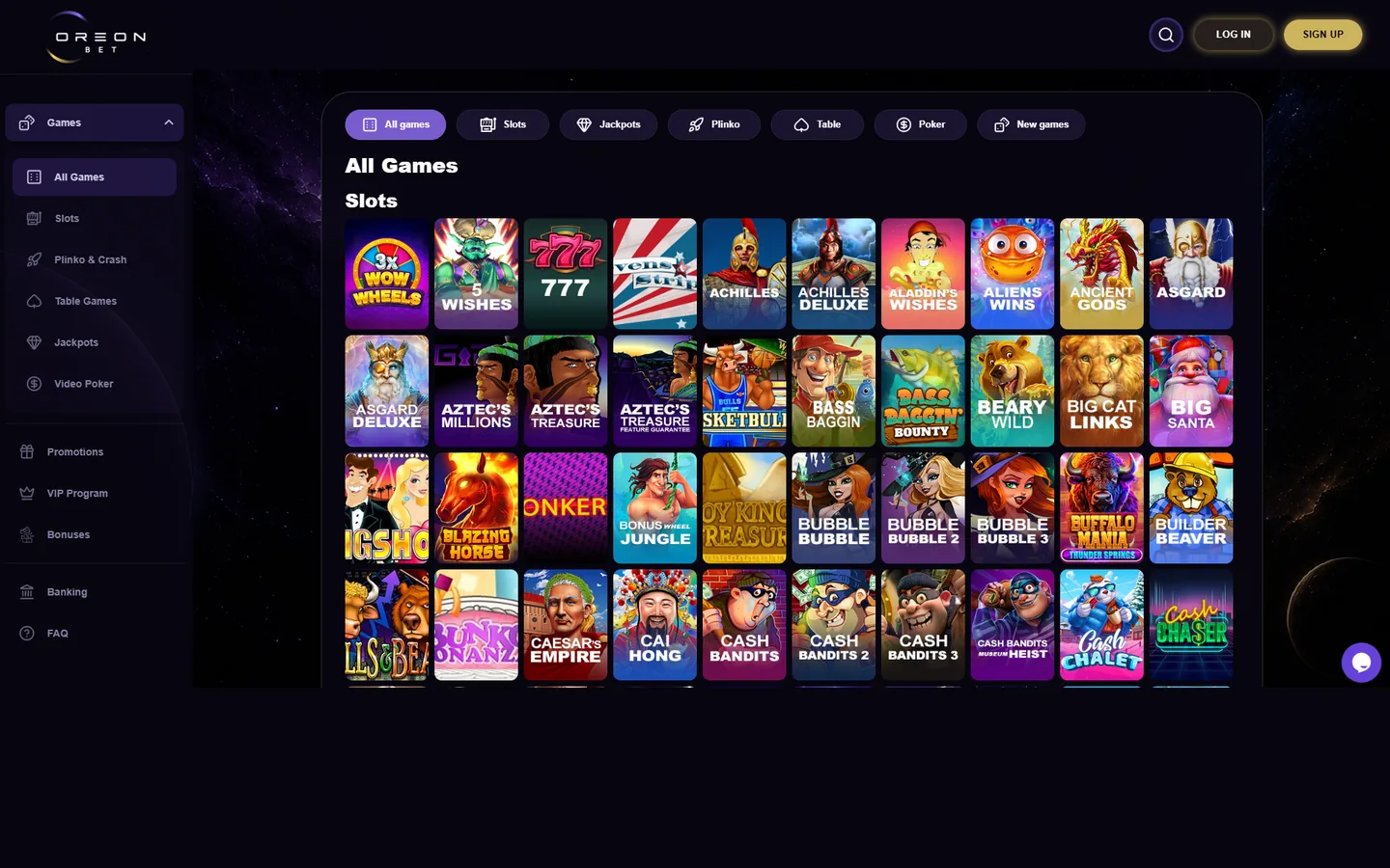 OreonBet slots lobby with Real Time Gaming tiles