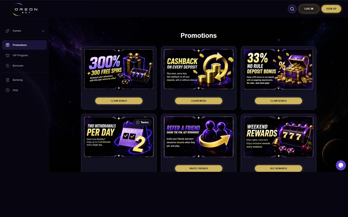 OreonBet promotions page showing six offers including 300 percent welcome, cashback, and 33 percent no-rule bonus