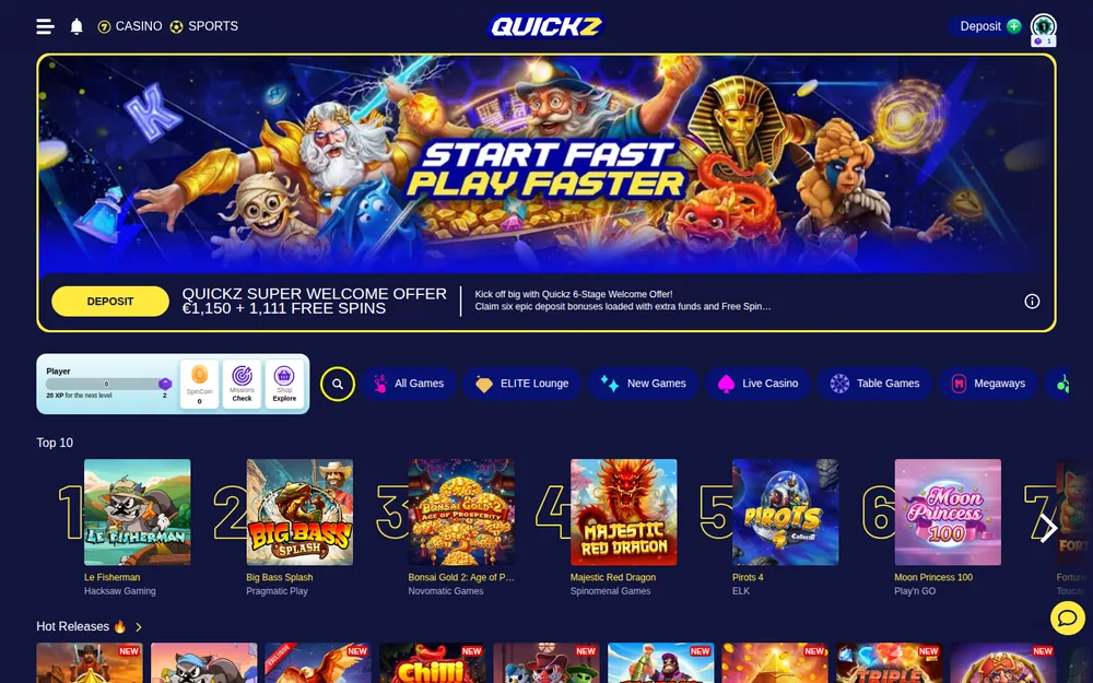 Quickz Casino homepage with the Super Welcome Offer banner and Top 10 games
