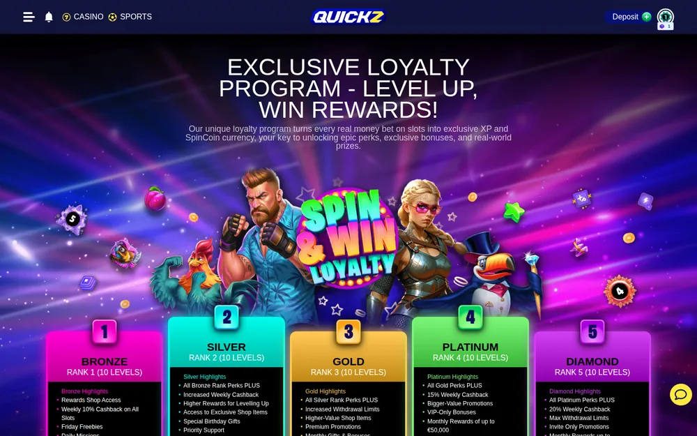 Quickz Spin & Win loyalty program with Bronze to Diamond ranks