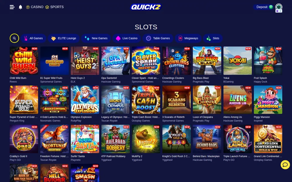 Quickz Casino slots lobby with new releases from Hacksaw, ELK and Novomatic