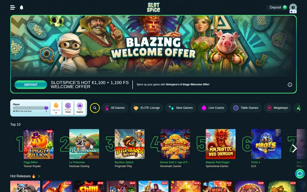 SlotSpice casino homepage with the Blazing Welcome Offer banner and Top 10 games