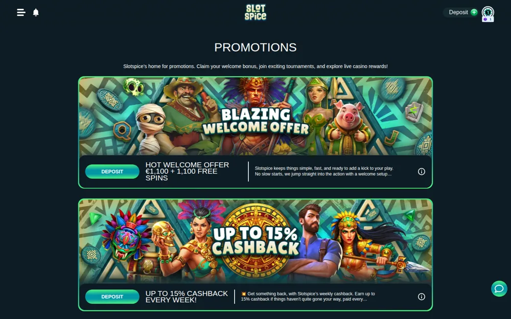 SlotSpice promotions page with the Blazing Welcome Offer and 15% cashback banners