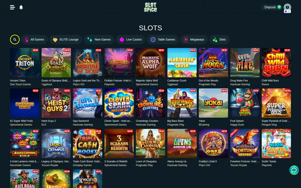 SlotSpice slots lobby with new releases from Hacksaw, ELK, Novomatic and Octoplay