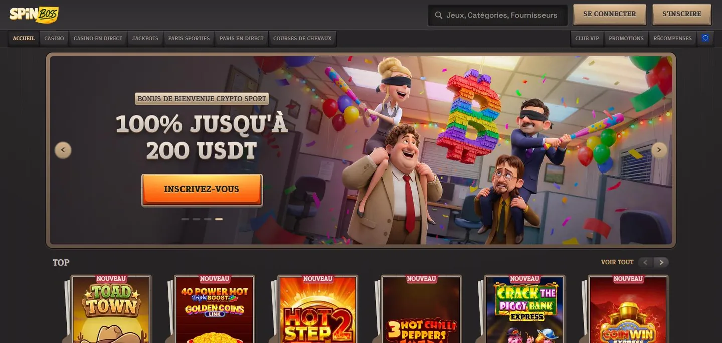 SpinBoss.com homepage showing the brand logo, main navigation and a welcome-bonus carousel