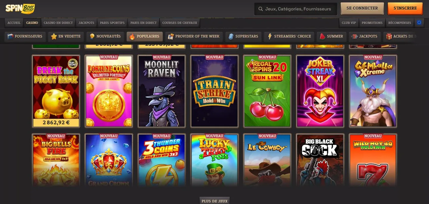 SpinBoss.com slots lobby with category tabs and real game artwork
