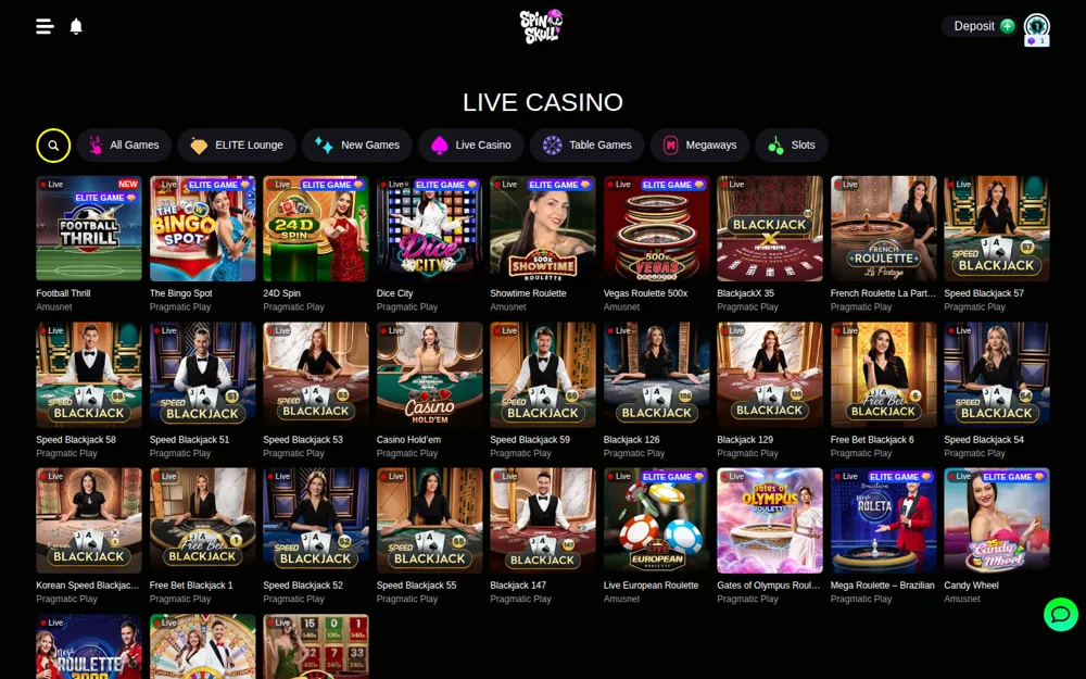 SpinSkull live casino lobby with Pragmatic Play Live tables