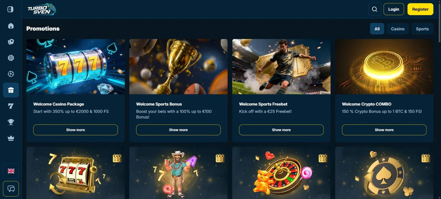 TurboSven promotions page with the welcome package, sports and crypto offers