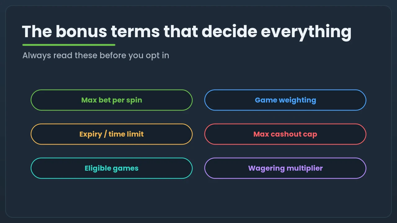 Diagram of the key bonus terms: max bet per spin, game weighting, expiry time limit, maximum cashout cap and eligible games