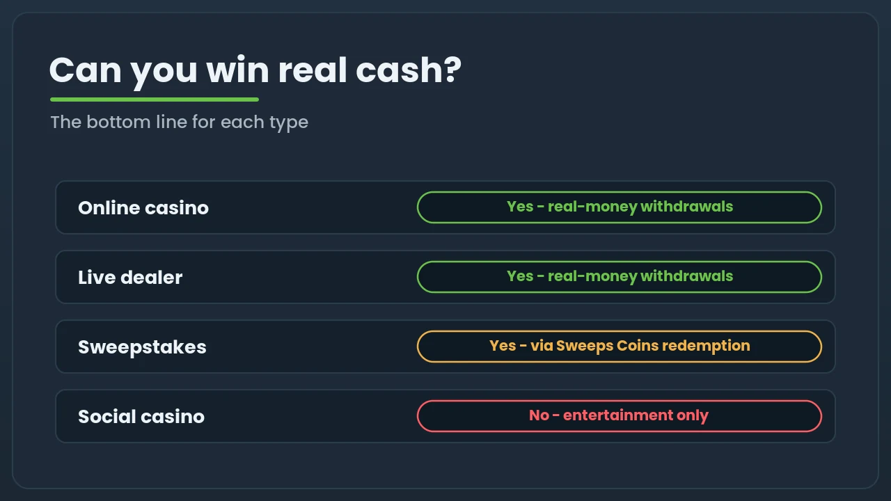 Flow diagram showing whether a win can become real cash for each casino type: yes for online and live, redemption only for sweepstakes, and no for social